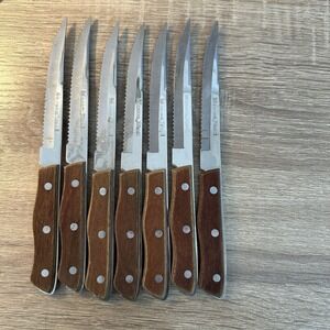 Vintage Maxam Steel Serrated Steak Knives‎ Set of 7 Wood Handles Japan 70's-80's